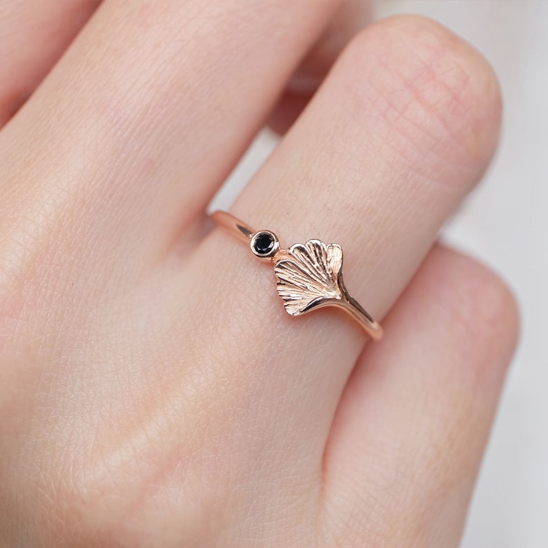 ginkgo leaf ring, black diamond ginkgo ring, botanical jewelry, plant ring, ginkgo ring, gold ginkgo ring, leaf ring, flower ring, ginkgo image 5
