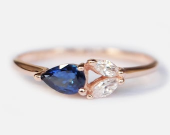 14k Rose Gold Sapphire and Diamond Ring, Pear Cut September Birthstone, Handmade Engagement Jewelry