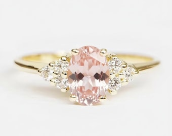 Ovale Morganiet en diamanten ring in 14K roségoud, verlovingsring, perzikroze edelsteenring, handgemaakte vintage stijl bruidssieraden