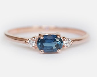 14K Gold Oval Sapphire and Diamond Ring, Dainty Blue Gemstone Ring, September Birthstone Jewelry, Elegant Gold Stacking Ring Gift For Her