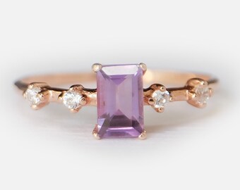 14K roséguld ametistring, smaragdslipad ametist- och diamantring, februari-födelsestensring, läcker guldring, present till henne