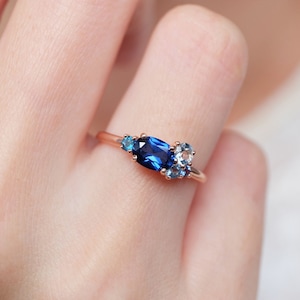 blue sapphire engagement ring, sapphire cluster ring, 14k gold wedding ring, unique engagement, blue sapphire cluster ring, multi stone ring image 1