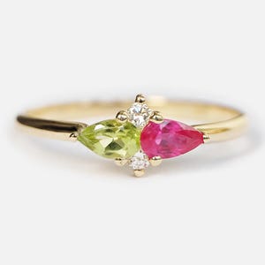 14k Gold Pear Cut Ruby Peridot Diamond Cluster Ring, Dainty August July Birthstone Jewelry