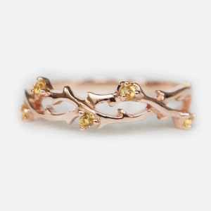 14k Rose Gold Vine Leaf Citrine Ring, Nature-Inspired Branch Band, November Birthstone Ring, Dainty Stackable Promise Ring, Gift for Her