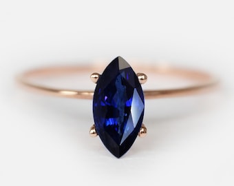 Marquise Blue Sapphire Ring in 14K Rose Gold, September Birthstone Ring, Dainty Minimalist Gemstone Ring, Handmade Stacking Jewelry