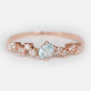 14k aquamarine ring, oval aquamarine ring, aquamarine cluster ring, rose gold ring, oval aquamarine, aquamarine ring, blue stone ring