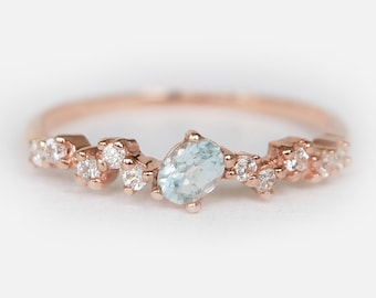 14k aquamarine ring, oval aquamarine ring, aquamarine cluster ring, rose gold ring, oval aquamarine, aquamarine ring, blue stone ring