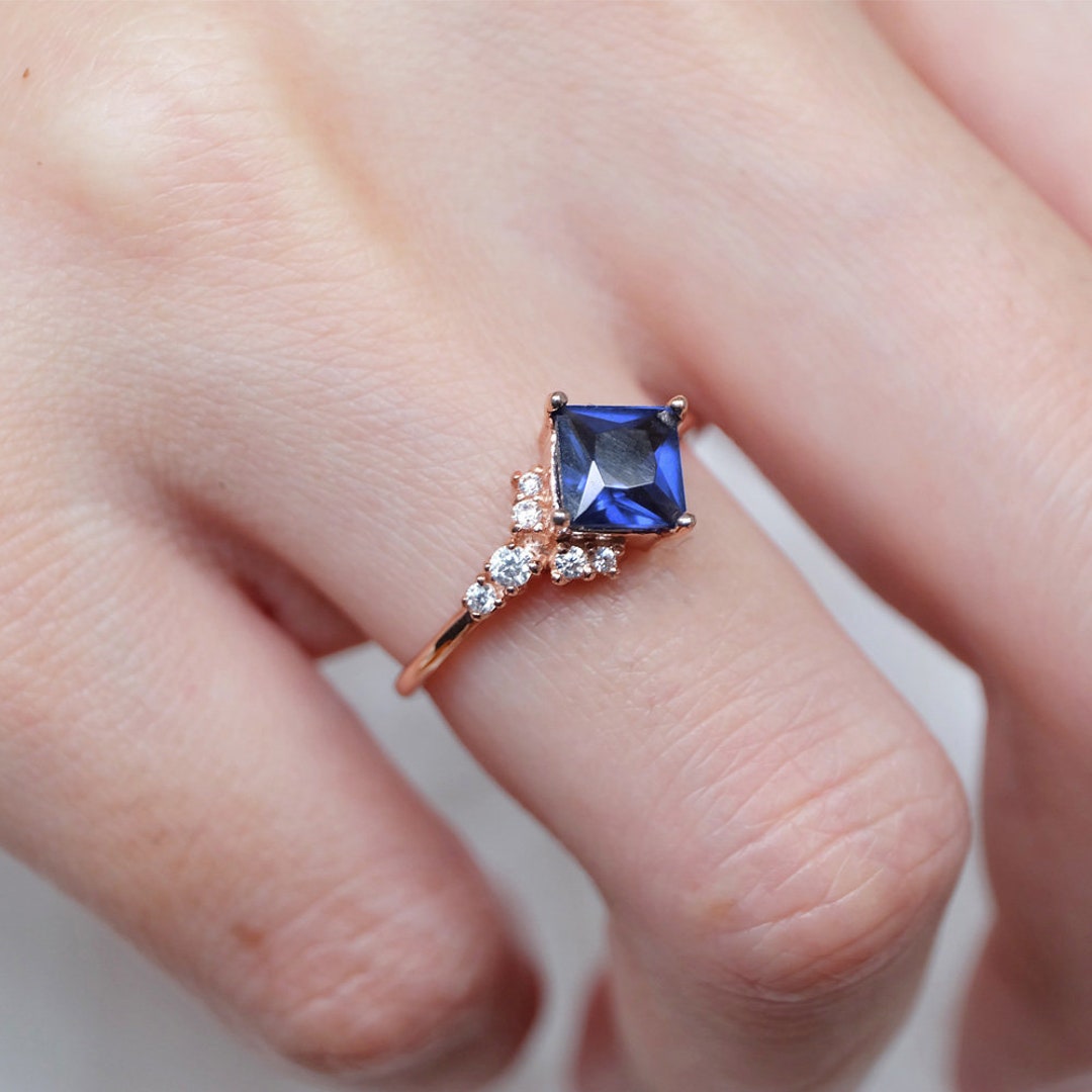 Princess Cut Engagement Ring Natural Sapphire Ring Antique Etsy