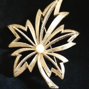 May include: A gold-toned leaf-shaped brooch with a central pearl accent. The brooch features intricate detailing, including textured edges and a twisted rope design. The brooch is set against a dark background.