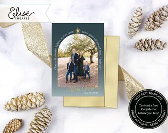 May include: A blue and gold Christmas card with a photo of a family of four standing in front of a tree. The card has the text "Glory to God in the highest, and on earth peace, good will toward men. - Luke 2:14" and "Merry Christmas" with the words "Love The Smiths" underneath.