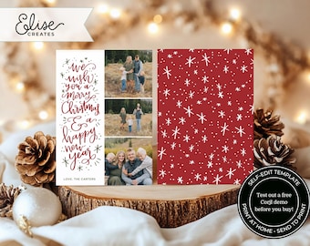 May include: A red Christmas card with a white snowflake pattern. The card has a white border and the text "We wish you a merry Christmas & a happy new year" in red cursive writing. The text "Love The Carters" is printed in black below the greeting. The card is displayed on a wooden surface with a pine cone and a white ornament.