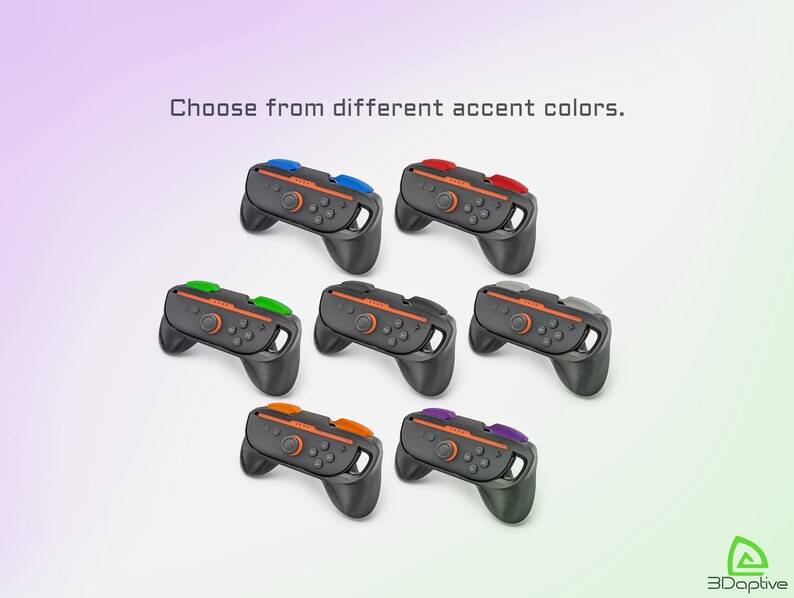 Pu&ograve; includere: Immagine di sette controller di gioco neri con diversi colori di accento: blu, rosso, verde, grigio, arancione e viola. Il testo recita: "Scegli tra diversi colori di accento."