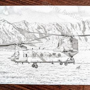 May include: A black and white pencil drawing of a military helicopter flying over a mountain range. The helicopter is a Chinook CH-47.