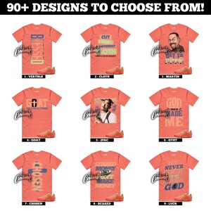 May include: A promotional image showcasing nine coral-colored t-shirts with various graphic designs and text. The shirts feature phrases like "BLESSED," "CUT FROM DIFFERENT CLOTH," and "GET TA STEPPIN!" Each shirt is paired with matching sneakers.