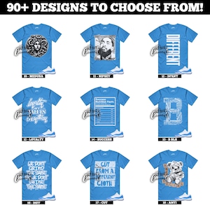 May include: A collection of light blue t-shirts with various graphic designs, including text and images. The designs include a Medusa head, a portrait, and text that reads "DIFFERENT". Each shirt is paired with light blue and white sneakers.