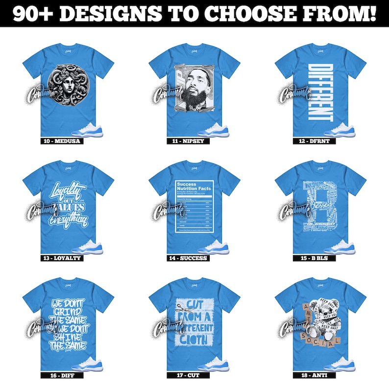 May include: A collection of light blue t-shirts with various graphic designs, including text and images. The designs include a Medusa head, a portrait, and text that reads "DIFFERENT". Each shirt is paired with light blue and white sneakers.