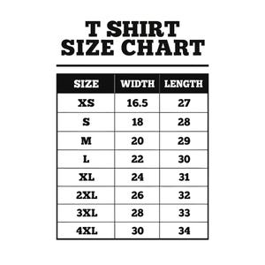 May include: A black and white T-shirt size chart. The chart lists sizes XS to 4XL, with corresponding width and length measurements in inches. The text "T SHIRT SIZE CHART" is at the top.