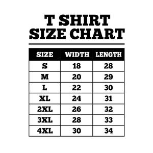 May include: A black and white T-shirt size chart. The chart lists sizes S to 4XL, with corresponding width and length measurements in inches. The text "T SHIRT SIZE CHART" is at the top.