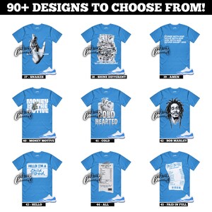 May include: A collection of blue t-shirts with various graphic designs and text. Designs include a hand with snakes, stacks of money, a heart, and a portrait of Bob Marley. Each shirt is paired with a matching pair of blue and white sneakers. The text at the top says "90+ DESIGNS TO CHOOSE FROM!"