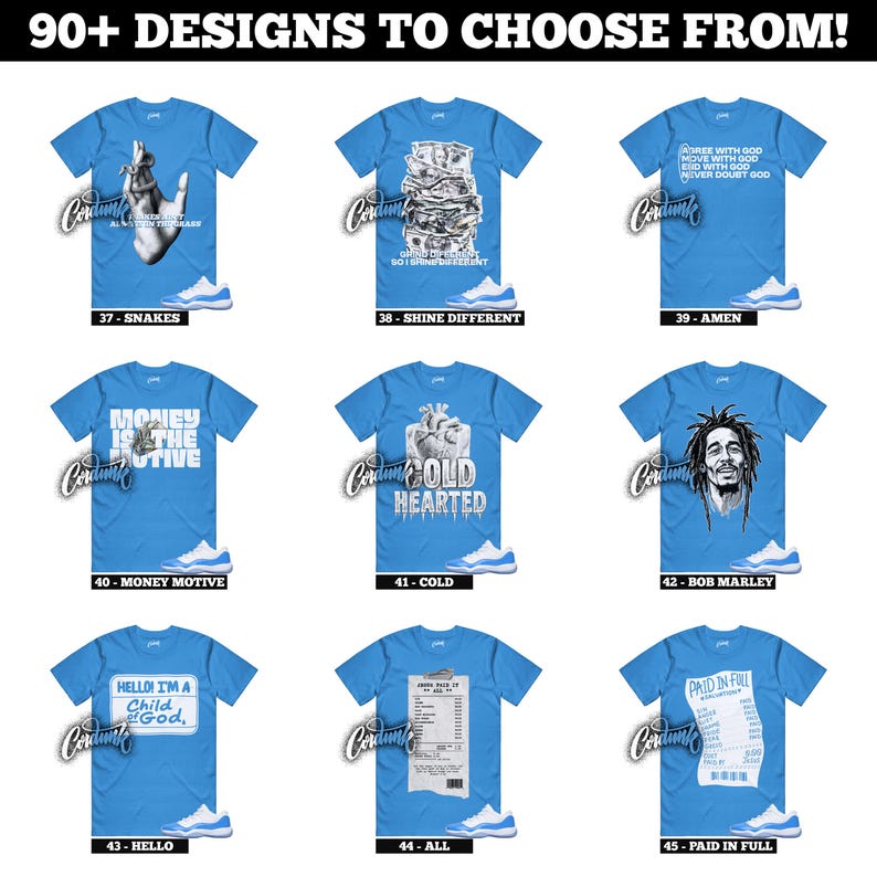 May include: A collection of blue t-shirts with various graphic designs and text. Designs include a hand with snakes, stacks of money, a heart, and a portrait of Bob Marley. Each shirt is paired with a matching pair of blue and white sneakers. The text at the top says "90+ DESIGNS TO CHOOSE FROM!"