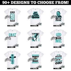 May include: White t-shirts with various designs and text, including "BLESSED," "CUT FROM A DIFFERENT CLOTH," and "GET TA STEPPIN'." Each shirt has a unique graphic and text combination. The image also shows sneakers.