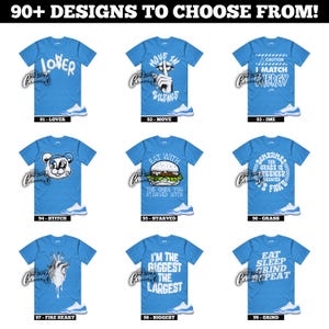 May include: A collection of light blue t-shirts with various white graphic designs and text. Designs include the words "LOVER", "MOVE IN SILENCE", and "I MATCH ENERGY". Each shirt is paired with light blue and white sneakers.