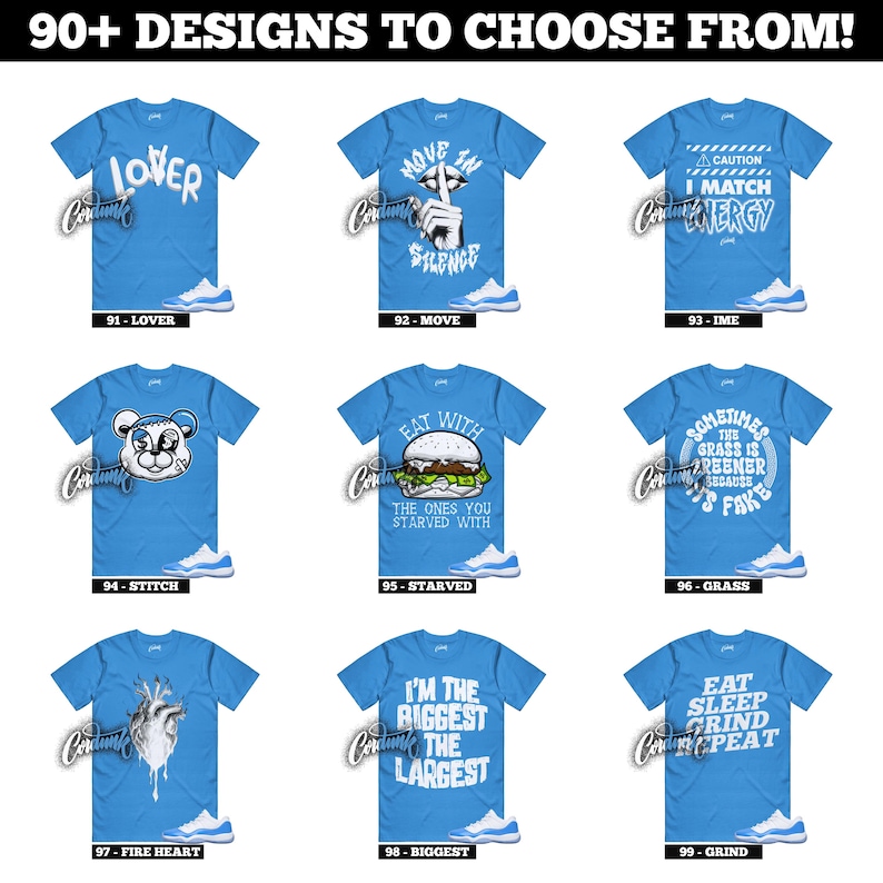 May include: A collection of light blue t-shirts with various white graphic designs and text. Designs include the words "LOVER", "MOVE IN SILENCE", and "I MATCH ENERGY". Each shirt is paired with light blue and white sneakers.
