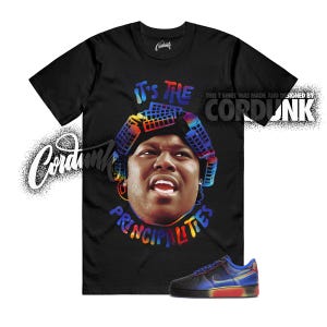 May include: Black t-shirt with a colorful graphic of a person wearing curlers and the text "It's the Principalities." A pair of black, blue, and red sneakers are at the bottom. The shirt has the Cordunk logo.