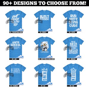 May include: A collection of light blue t-shirts with various white graphic designs and text. Designs include phrases like "Trusting God," "Built," and "Cute." Each shirt is paired with a matching pair of light blue and white sneakers. The text "90+ DESIGNS TO CHOOSE FROM!" is at the top.