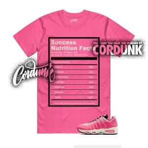 May include: A bright pink t-shirt with a graphic of a nutrition facts label titled "Success Nutrition Facts." The label lists "Hustle," "Patience," "Persistence," "Ambition," "Discipline," "Passion," and "Grind" at 100%. A pink and white sneaker is at the bottom.