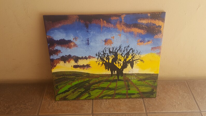 Metallic Copper--Stretched Canvas--20 x 24 El Paso de Robles--Abstract Acrylic Painting--Sunset Vineyard Scape-