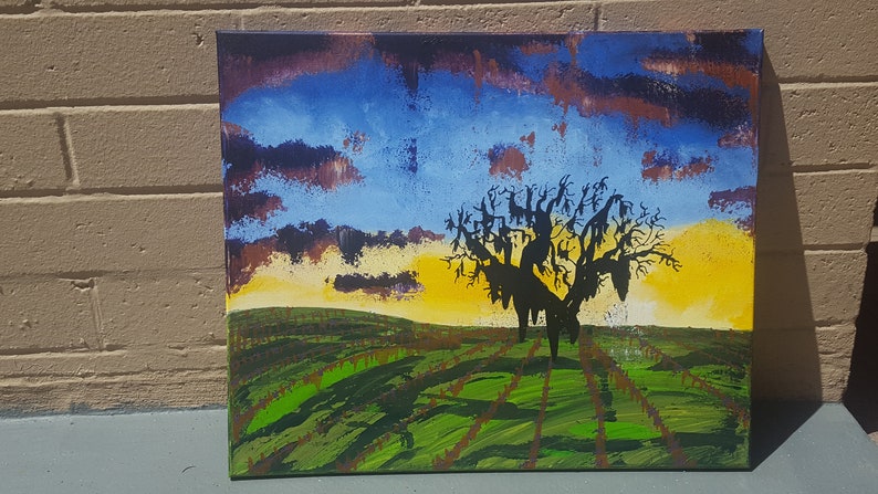 Metallic Copper--Stretched Canvas--20 x 24 El Paso de Robles--Abstract Acrylic Painting--Sunset Vineyard Scape-