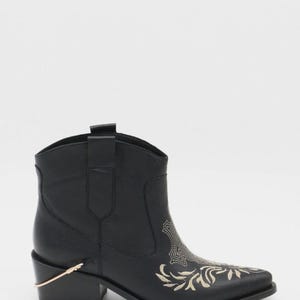 Joy western cowboy booties in black leather & off white embroidery women&#39;s shoes