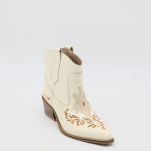 Joy western cowboy booties in off white leather women&#39;s shoes