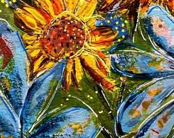 Blue Felicia and the Wild Marigold, 7.5x5.5 Acrylic Painting, 11x14 matted, wild flowers in a vase