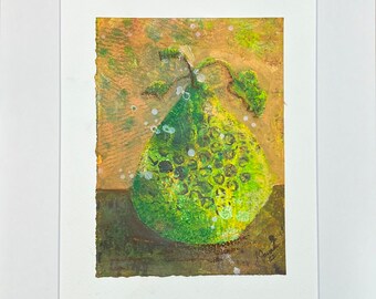 Eve should have had the Pear, 7.5x5.5 Acrylic Painting, 11x14 matted, pear on table