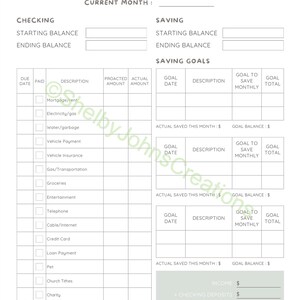 May include: A white monthly budget planner sheet with sage green headers. It features sections for checking and saving balances, a detailed expense table with columns for due date, paid, description, projected amount, and actual amount, plus saving goals.