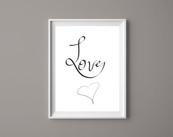 Love Script Heart, Printable Quotes, Digital Artwork, Downloadable Wall Art, Inspirational Art, Motivational Art, Black and White, Lovely
