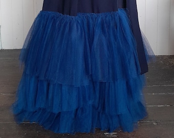 A navy blue wrap around skirt with waist tie and tulle layers, size 14