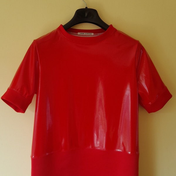 A red half PVC half Fabric panel contrast t-shirt, size Small