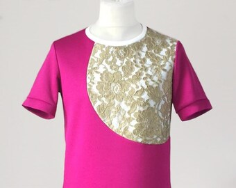 Golden lace overlay with pink contrast t-shirt