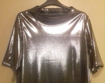 A black and shiny silver super light weight fabric t-shirt. Size Medium