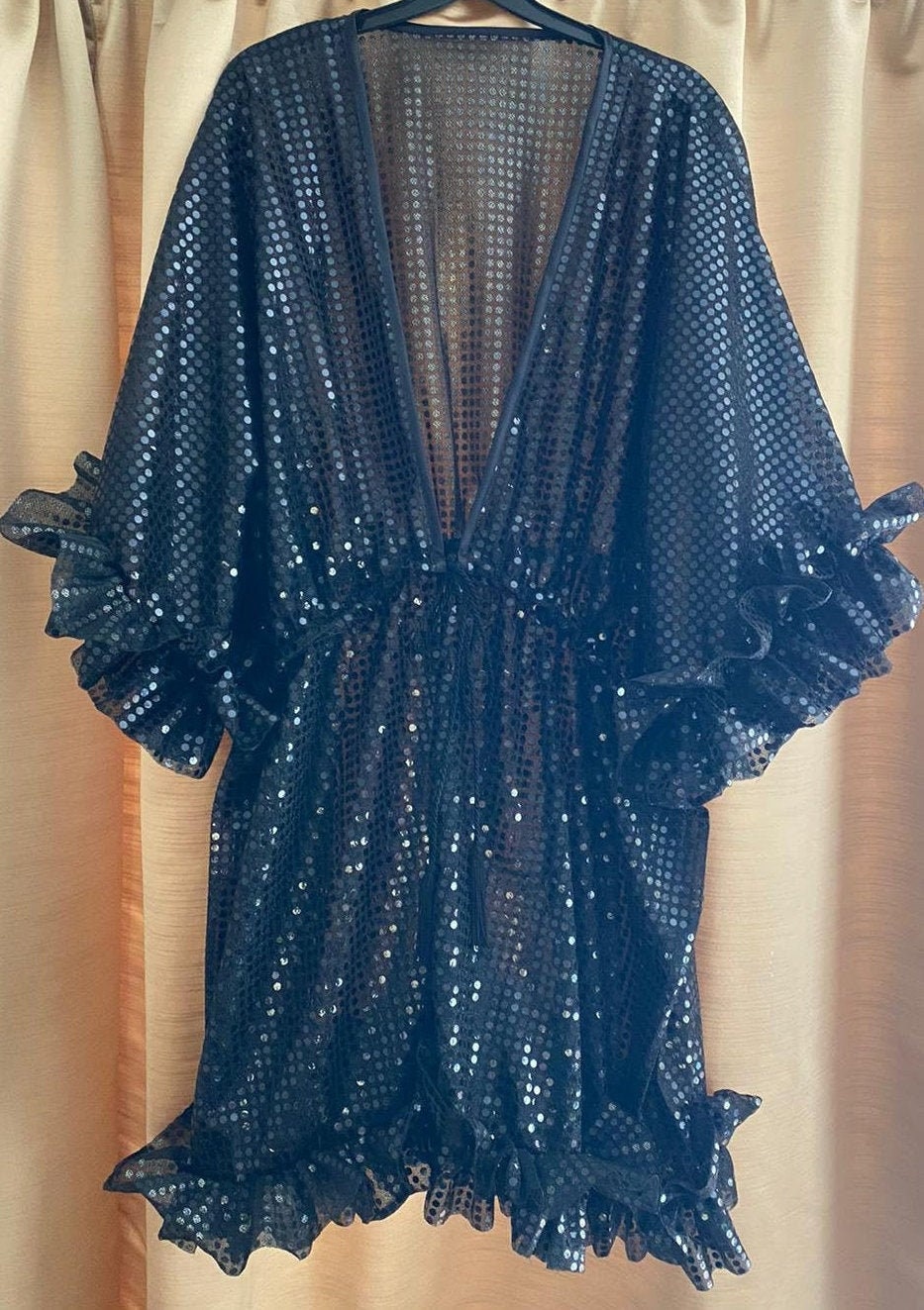 Black Sequin Sparkle Kaftan With Ruffle 