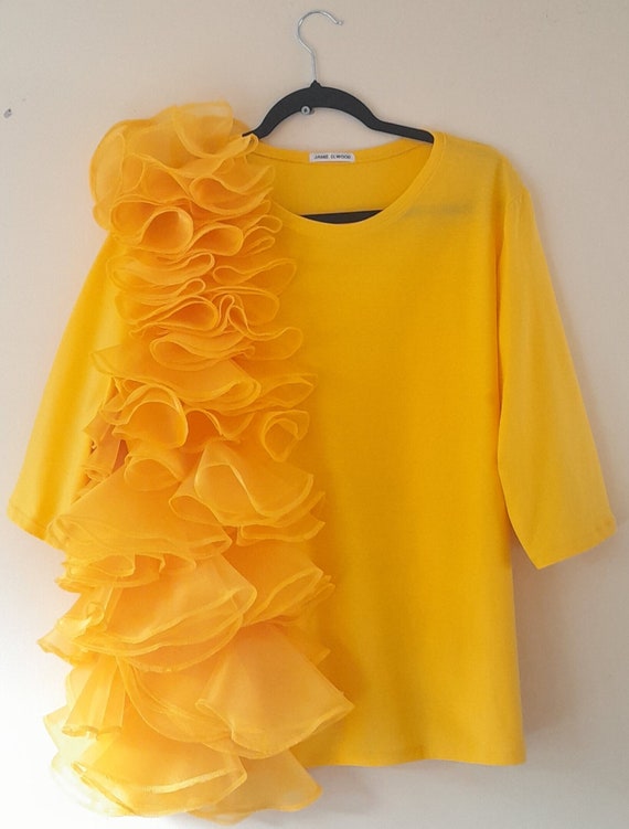 トップス villd /cotton Organdy T-shirt (YELLOW) A Yellow Cotton T-shirt With Layers of Organza Ruffles, Size L - Etsy