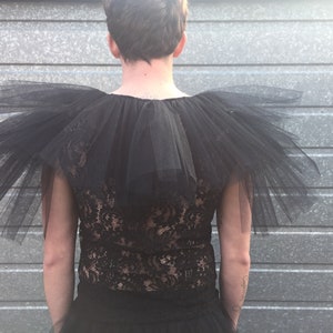 A black lace top with tulle shoulder and neck detail. Size Medium