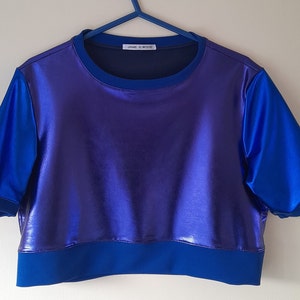 Può includere: Un top corto metallizzato blu con scollo a costine blu e maniche corte. L'etichetta "JAME ELWOOD" è visibile sul collo.