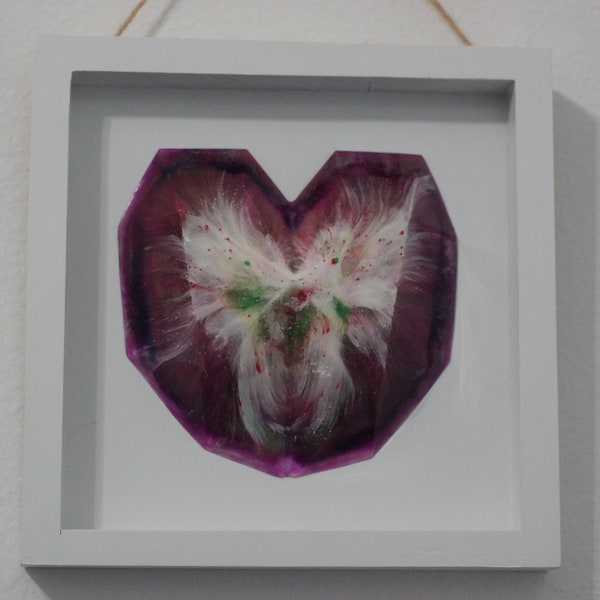 10" Framed Faceted 3D Heart, Geometric Heart Wall Art, Angel Wings, Unique Wall Decor, Purple Heart Wall Hanging, Valentines Gift