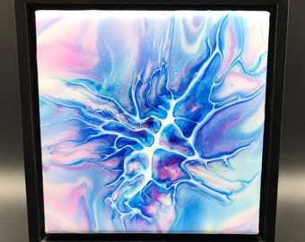 7" Float Framed Fluid Art Painting on Canvas, Abstract Acrylic Pour Painting