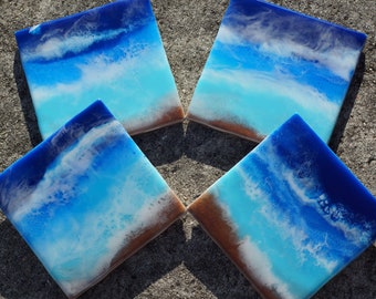 Ocean Coaster Set, Ocean Wave Coasters, Beach Decor Coaster Set, Resin Drink Coaster, Hand Painted Coasters, Nautical Coasters