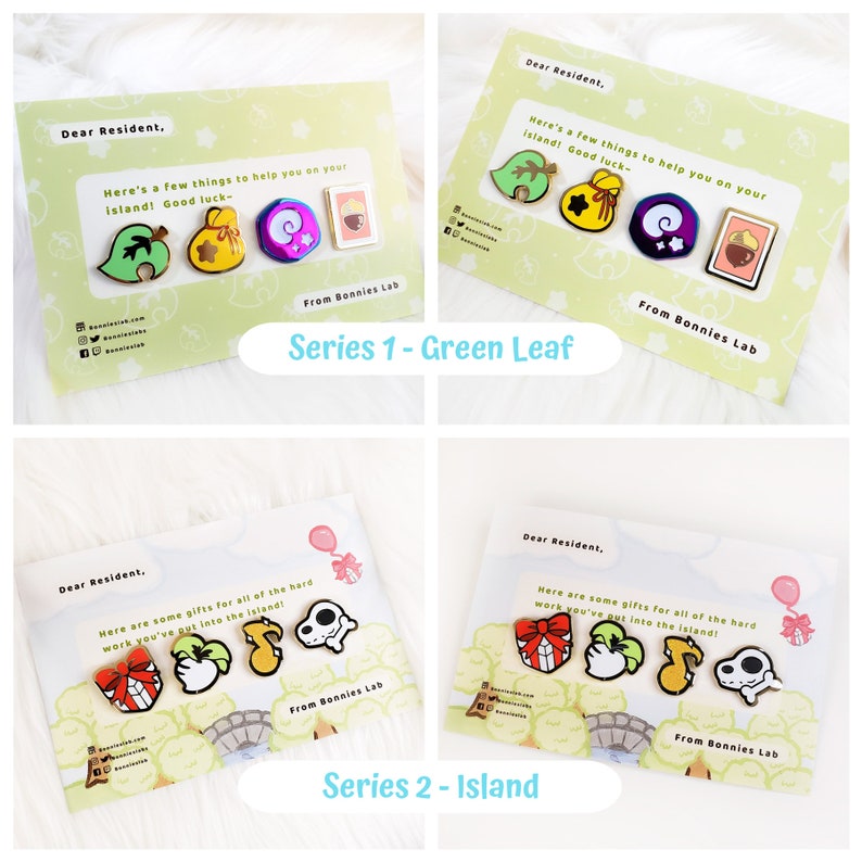 May include: Four sets of enamel pins featuring characters and items from the popular video game Animal Crossing. The pins are arranged on cards with the text "Dear Resident" and "From Bonnies Lab". The first set features a green leaf, a gold bag, a purple shell, and a brown acorn. The second set features a red present, a green apple, a yellow musical note, and a white dog bone.